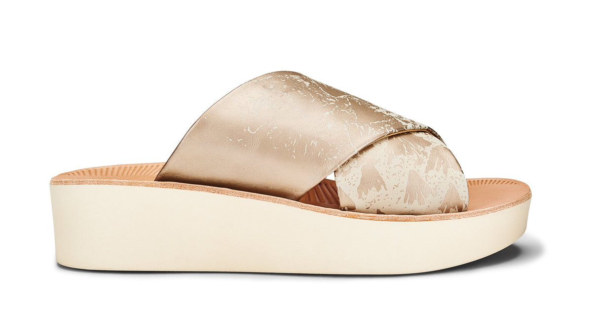 OLUKAI Onohi US 8M Platnum Ivory Leather Wedge Platform Slide Sandals Shoes