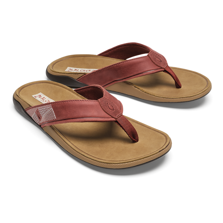 Tuahine Men's Waterproof Leather Beach Sandals - Red Ochre / Tan