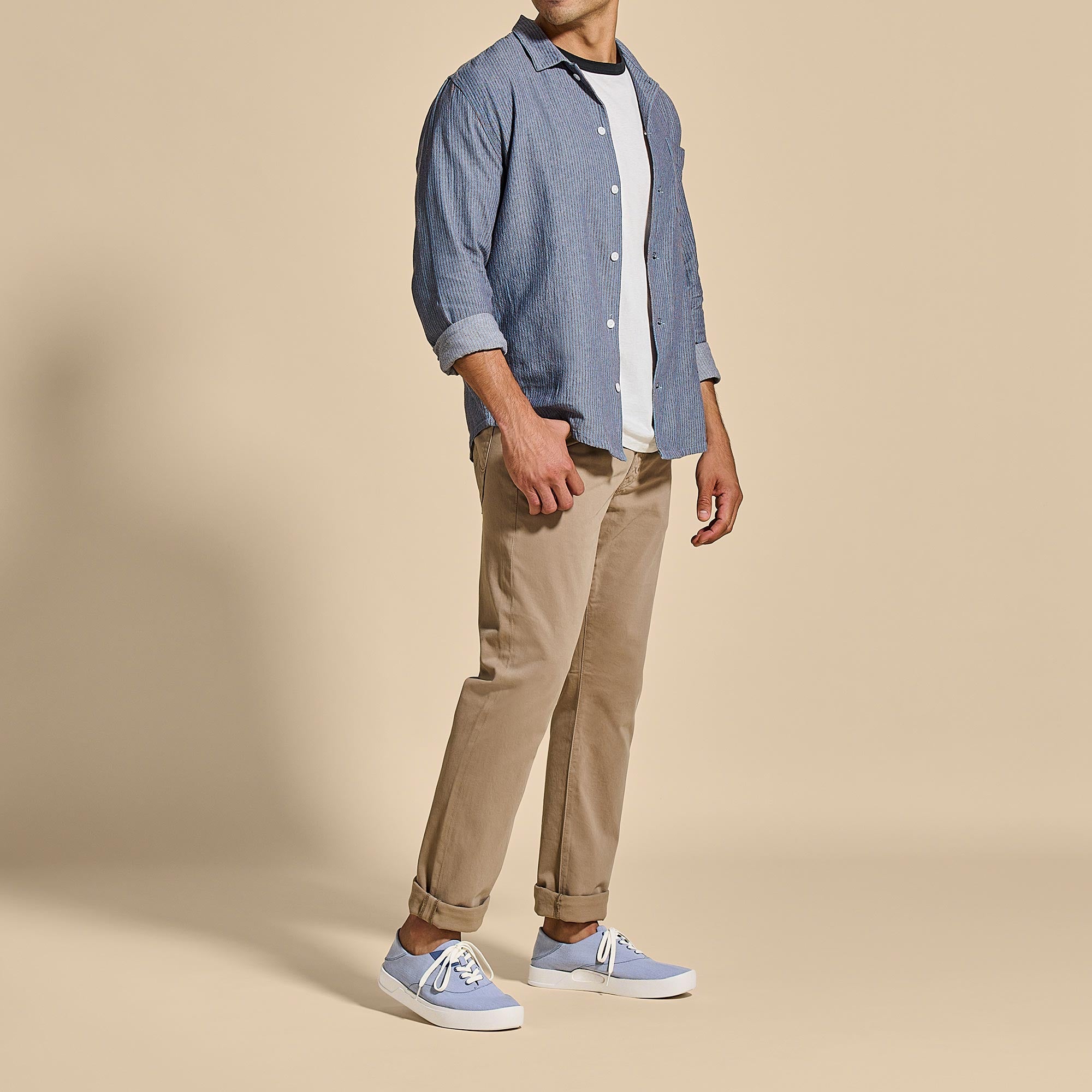 tan pants, a white shirt, a navy blazer and white sneakers that create a  more modern look | Blazer outfits men, Mens outfits, Mens casual outfits