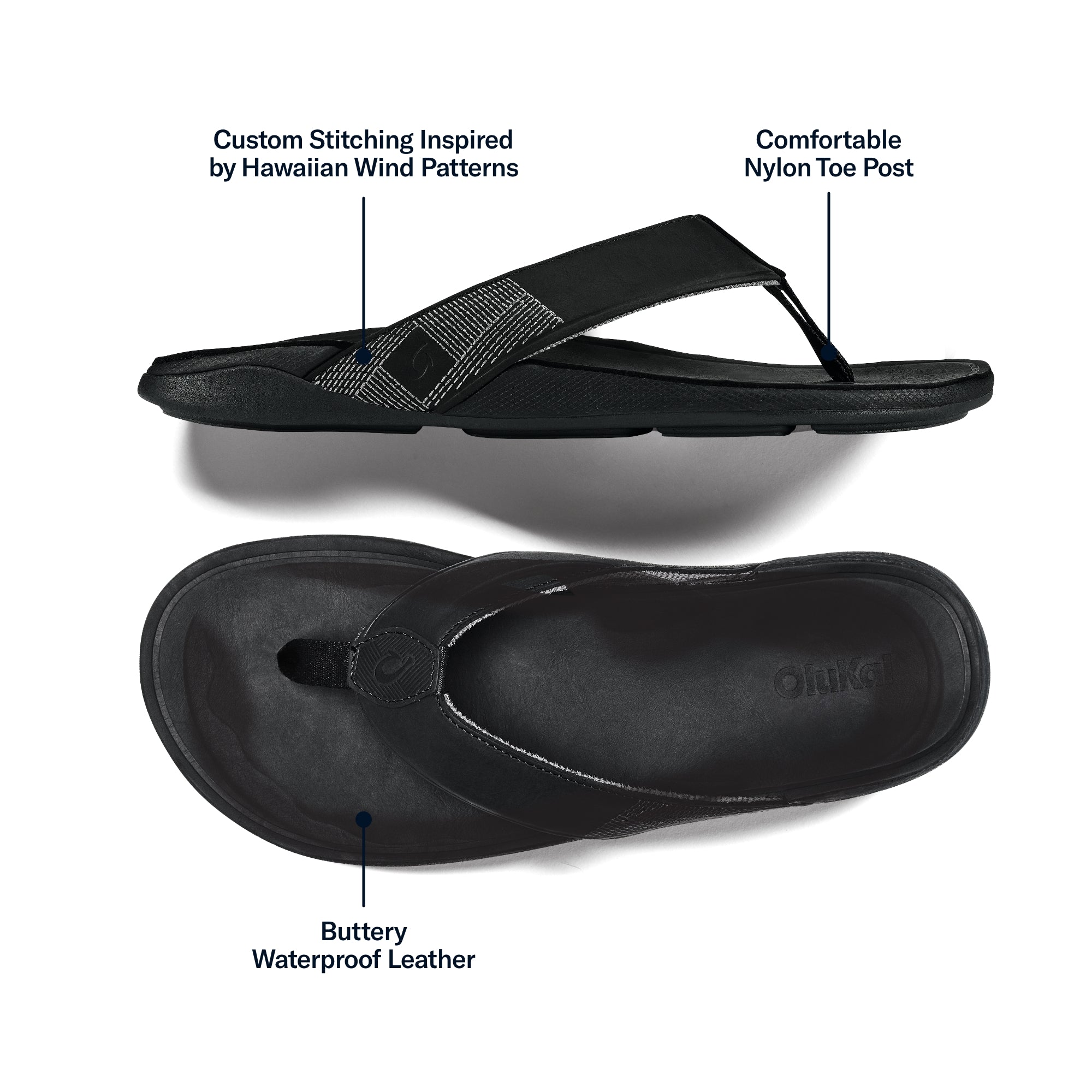 Tuahine Men's Waterproof Leather Beach Sandals - Black | OluKai