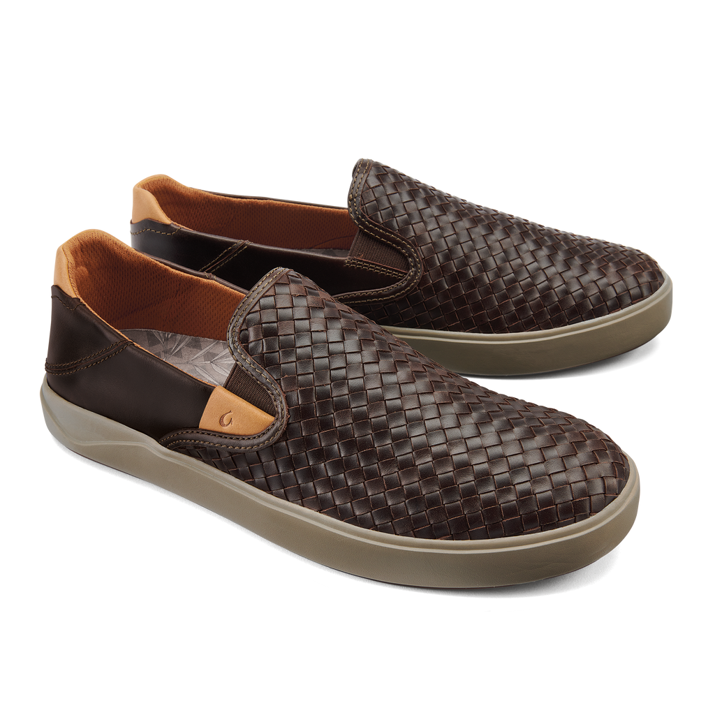 Lae'ahi Lauhala Men's Leather Slip-On Sneakers Dark Wood OluKai